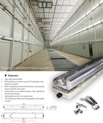A luz fluorescente resistente a chamas, certificada ATEX e IECEx, de poupança de energia duradoura. Iluminação linear industrial para ambientes de gás e poeira explosivos.