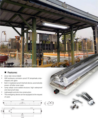 A luz fluorescente resistente a chamas, certificada ATEX e IECEx, de poupança de energia duradoura. Iluminação linear industrial para ambientes de gás e poeira explosivos.