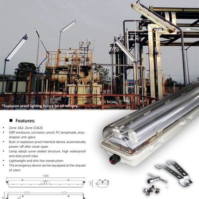 ATEX IECEx Luz linear fluorescente à prova de explosão. Alta durabilidade, ângulo de raio largo. Ideal para instalações petroquímicas e de mineração
